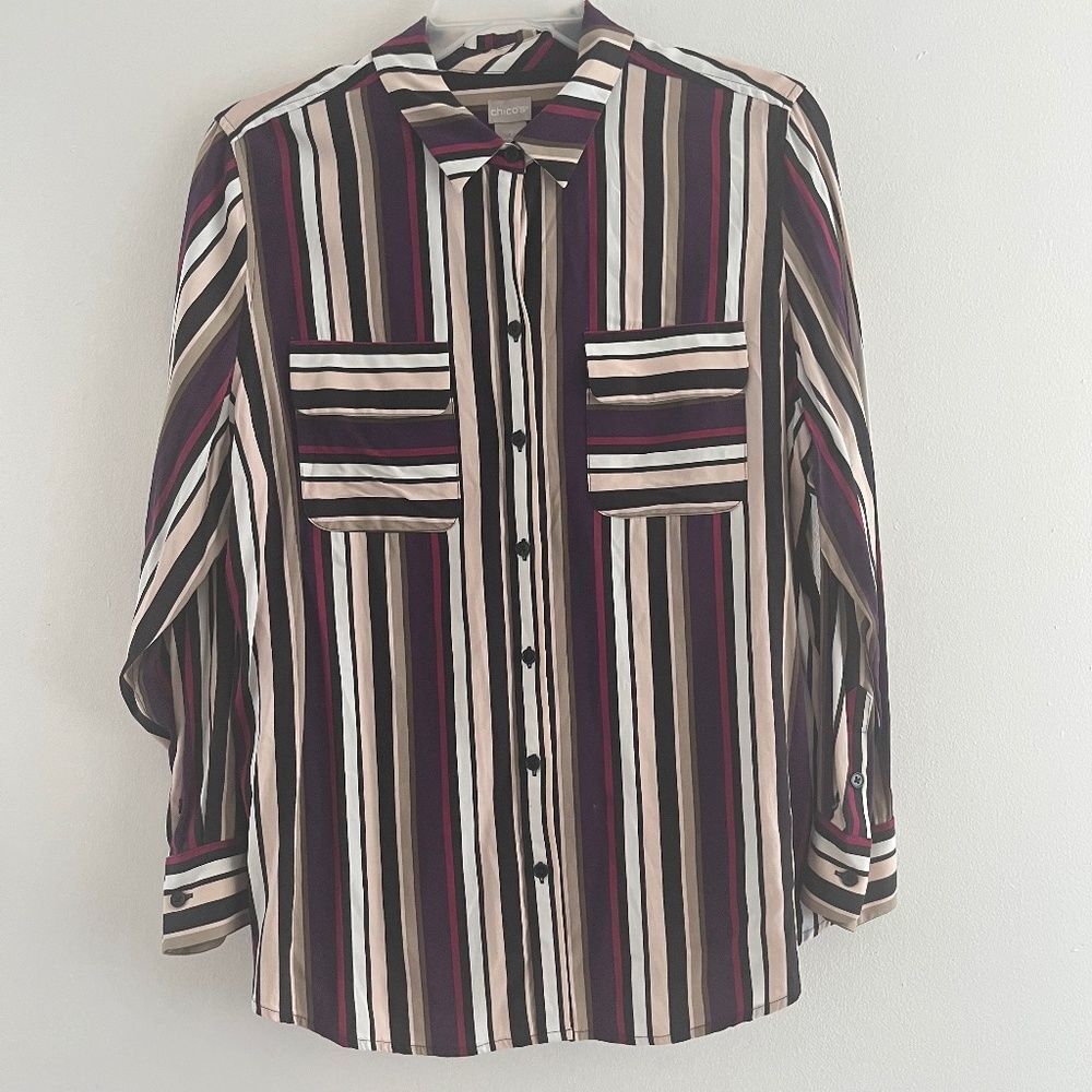 Chico’s  Blouse Women Top Sz 2 long sleeve pockets  Large button down Burgundy